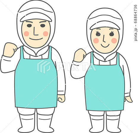 ガッツポーズする無塵服、エプロンを着用した若い男女 - 微笑み・ホワイト・白 ガッツポーズする無塵服、エプロンを着用した若い男女 - 微笑み・ホワイト・白 68864736