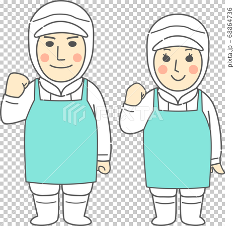 ガッツポーズする無塵服、エプロンを着用した若い男女 - 微笑み・ホワイト・白 ガッツポーズする無塵服、エプロンを着用した若い男女 - 微笑み・ホワイト・白 68864736