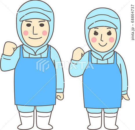 ガッツポーズする無塵服、エプロンを着用した若い男女 - 微笑み・ブルー・青 ガッツポーズする無塵服、エプロンを着用した若い男女 - 微笑み・ブルー・青 68864737