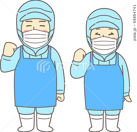 ガッツポーズする無塵服、エプロン、マスクを着用した若い男女 - にこにこ・ブルー・青 ガッツポーズする無塵服、エプロン、マスクを着用した若い男女 - にこにこ・ブルー・青 68864741