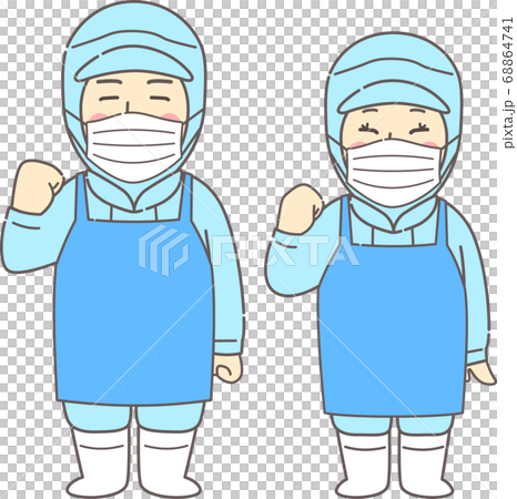 Young men and women wearing dust-free clothes, aprons, and masks that guts pose-smiling, blue, blue 68864741