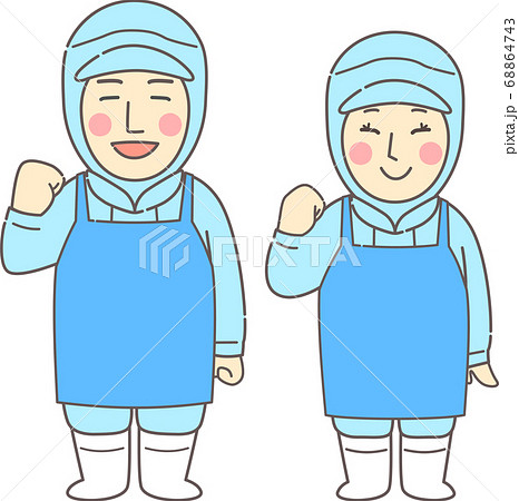 ガッツポーズする無塵服、エプロンを着用した若い男女 - にこにこ・ブルー・青 ガッツポーズする無塵服、エプロンを着用した若い男女 - にこにこ・ブルー・青 68864743