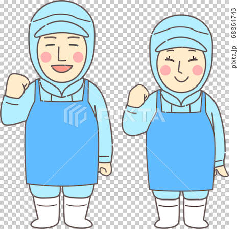 ガッツポーズする無塵服、エプロンを着用した若い男女 - にこにこ・ブルー・青 ガッツポーズする無塵服、エプロンを着用した若い男女 - にこにこ・ブルー・青 68864743