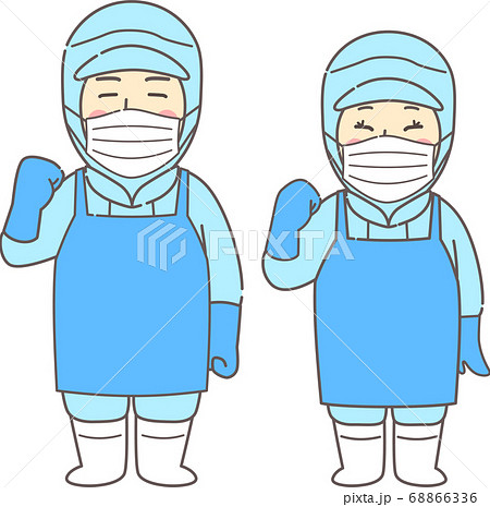 ガッツポーズする無塵服 エプロン ゴム手袋 マスクを着用した男女 ブルー 青のイラスト素材