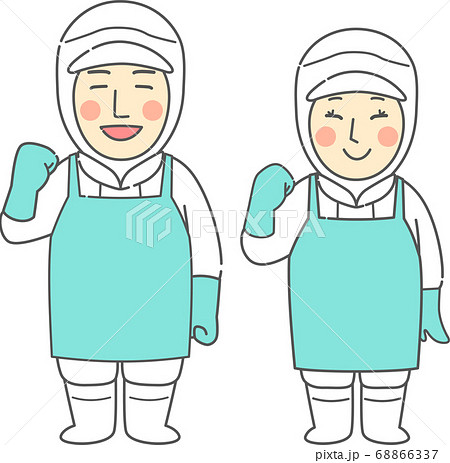 ガッツポーズする無塵服、エプロン、ゴム手袋を着用した男女 - にこにこ・ホワイト・白 68866337
