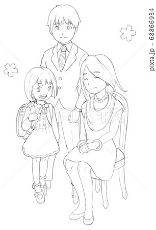 娘が小学一年生になった記念写真 線画 塗り絵 のイラスト素材