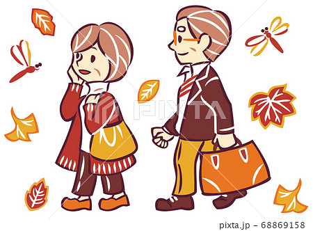 秋の紅葉狩り旅行にお出かけするシニア夫婦のイラスト素材