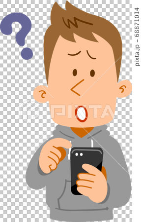 Questioning expression of a young man operating a smartphone Questioning expression of a young man operating a smartphone 68871014
