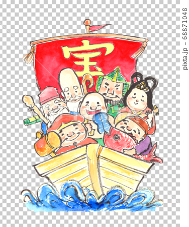 水彩で描いた宝船に乗った七福神のイラスト 68871048