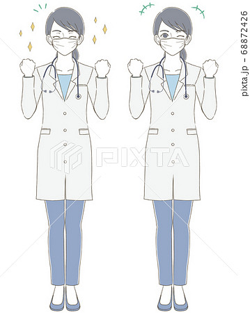 医療・医者手描き風　白衣を着てマスクを付けた女性医師の全身イラストセット 68872426