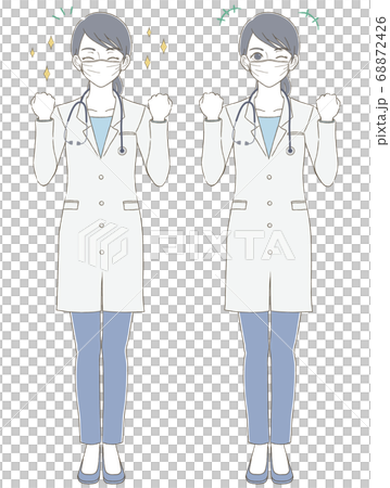 医療・医者手描き風　白衣を着てマスクを付けた女性医師の全身イラストセット 68872426