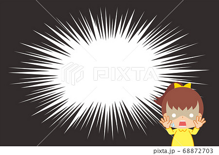 ビックリして大きな衝撃を受けて青ざめている小さな女の子とフラッシュの漫画風背景のイラスト素材