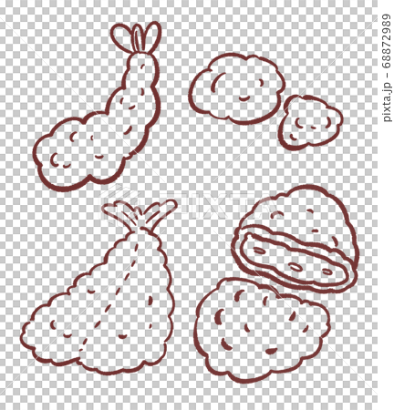 Fried food (aji-fried, shrimp-fried, fried chicken, croquette) illustration set, line drawing Fried food (aji-fried, shrimp-fried, fried chicken, croquette) illustration set, line drawing 68872989