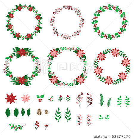 クリスマス向け花や植物を使ったフレームとデザイン素材セットセットのイラスト素材