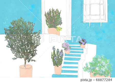 鉢植えで飾った玄関アプローチの手描きイラストのイラスト素材