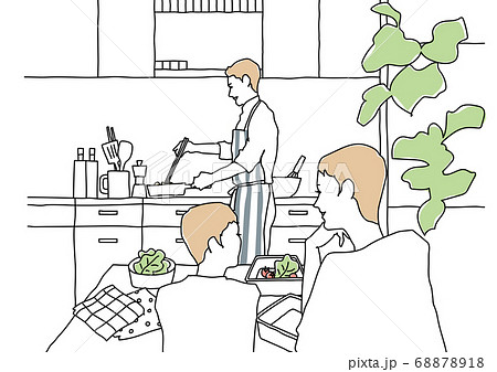 お弁当を作るパパとテーブルで語らうママと子供　線画 68878918