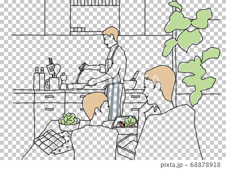 Mom and kid line drawing talking at table with dad making lunch Mom and kid line drawing talking at table with dad making lunch 68878918