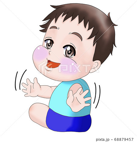 後ろを振り返り手を振っている赤ちゃん 男の子 のイラスト素材