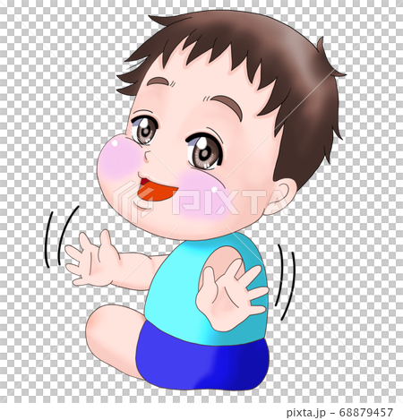 後ろを振り返り手を振っている赤ちゃん 男の子 のイラスト素材