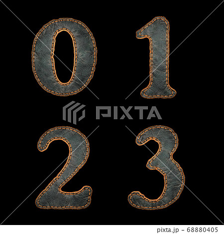 Set of numbers 0, 1, 2, 3 made of leather. 3D render font with skin texture isolated on black background. 68880405