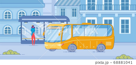 Woman Stand at Public Transport Stop Bus Drive 68881041