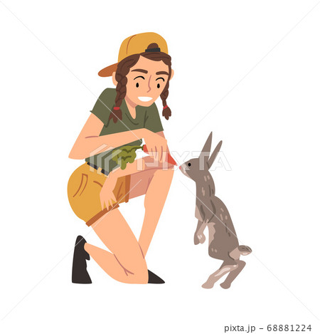 Female Zoo Worker Feeding Rabbit with Fresh Carrot, Veterinarian or Professional Zookeeper Character Caring of Wild Animals in Zoo Cartoon Vector Illustration 68881224