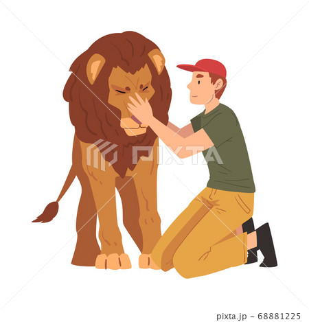 Male Zoo Worker Stroking Lion, Veterinarian or Professional Zookeeper Character Caring of Wild Animals in Zoo Cartoon Vector Illustration 68881225