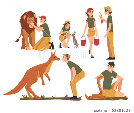 Professional Zoo Workers Caring of Wild Animals in Zoo, Male and Female Veterinarian or Zookeeper Characters in Uniform Cartoon Style Vector Illustration 68881228