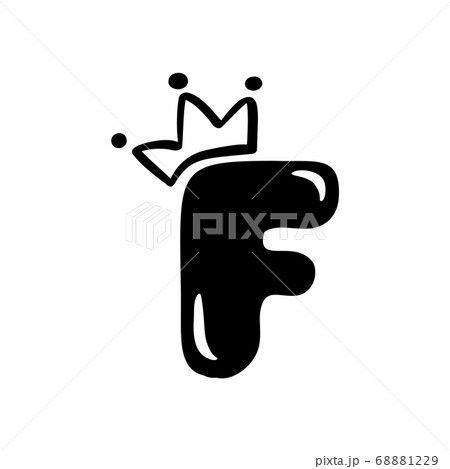 Vector plump vintage cute letter F with crown. Princess element font logo. Valentine hand drawn alphabet sign for page decoration and design illustration. For greeting card, wedding or invitation 68881229