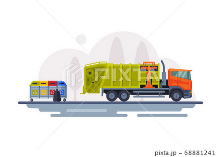 Urban Garbage Truck Sanitary Vehicle and Trash Bins, Waste Collection, Transportation and Recycling Concept Flat Style Vector Illustration 68881241