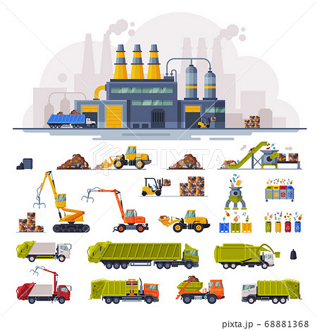 Waste Processing Plant, Industrial Garbage Recycling, Heavy Machinery Vehicles for Garbage Transportation, Separation and Recycling Set Vector Illustration 68881368