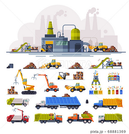 Waste Processing Plant, Industrial Garbage Recycling, Collection of Heavy Machinery Vehicles for Garbage Transportation, Separation and Recycling Flat Vector Illustration 68881369