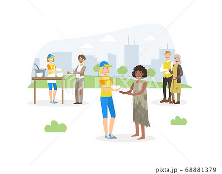 Male Volunteer Giving Food to Homeless, Volunteering, Charity, Supporting People Concept Vector Illustration 68881379