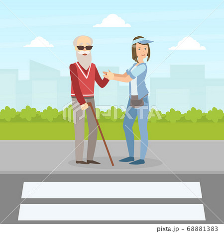 Girl Volunteer Helping Blind Elderly Man to Cross the Road, Volunteering, Charity, Supporting People Concept Vector Illustration 68881383