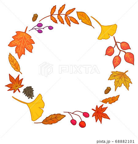 秋の紅葉した葉っぱの丸いフレームのイラスト素材 6101