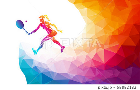 Creative silhouette of female tennis player. Racquet sport vector illustration or banner template in trendy abstract colorful polygon style with rainbow back Creative silhouette of female tennis player. Racquet sport vector illustration or banner template in trendy abstract colorful polygon style with rainbow back 68882132