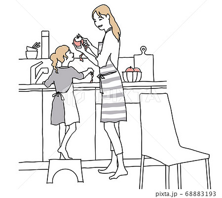 キッチンでリンゴをむく母娘 線画 キッチンでリンゴをむく母娘 線画 68883193