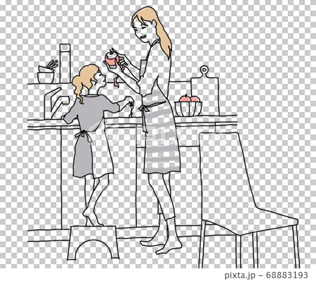 キッチンでリンゴをむく母娘 線画 キッチンでリンゴをむく母娘 線画 68883193
