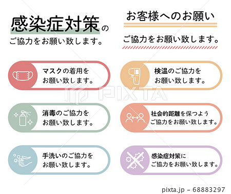 感染症対策の素材のセット／文字／お願い／営業中／コロナ対策／マスク／予防／消毒／店／ポスター 68883297