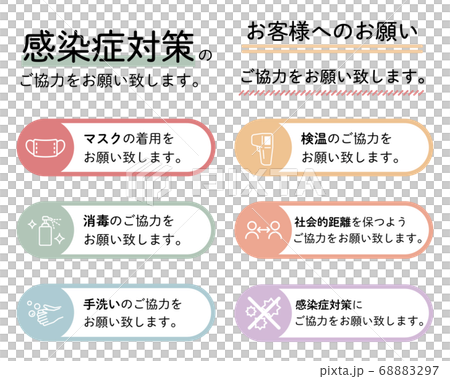 感染症対策の素材のセット／文字／お願い／営業中／コロナ対策／マスク／予防／消毒／店／ポスター 68883297