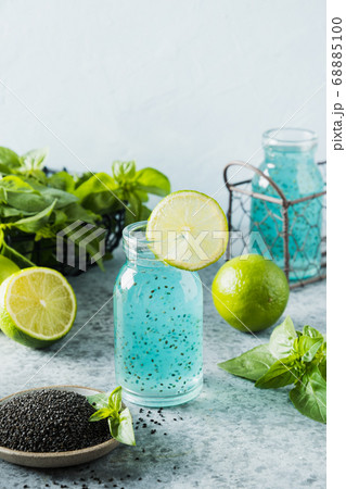 Blue cocktail with basil seeds. Close up. Blue cocktail with basil seeds. Close up. 68885100