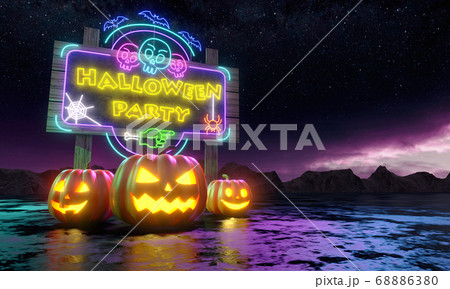 Pumpkins and Billboard with Shiny Neon Lamps...のイラスト素材