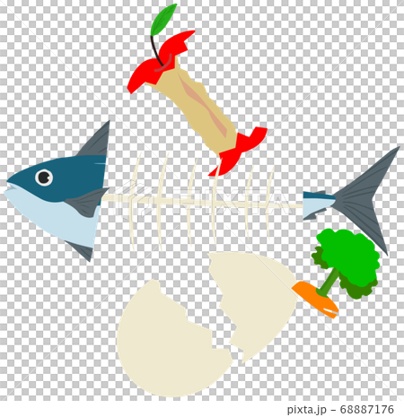Illustration of raw garbage such as fish bones, apple core and vegetable scraps Illustration of raw garbage such as fish bones, apple core and vegetable scraps 68887176