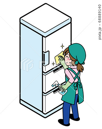 冷蔵庫を拭き掃除する業者の女性のイラスト素材 6140