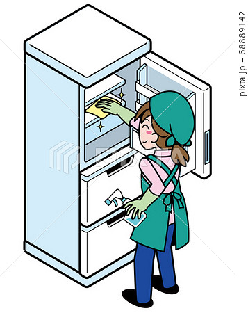 冷蔵庫内を拭き掃除する業者の若い女性のイラスト素材 6142