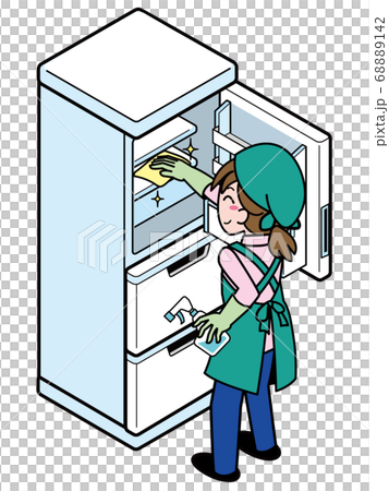冷蔵庫内を拭き掃除する業者の若い女性 68889142