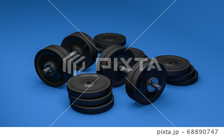 3D Rendering, Realistic group of dumbbells with equipment for fitness training, steel and chrome material, isolated on blue background. 68890747
