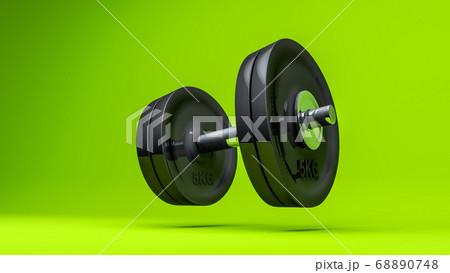 3D Rendering,Realistic shiny dumbbell on perspective side, chrome and black texture isolated on yellow green color background. 68890748