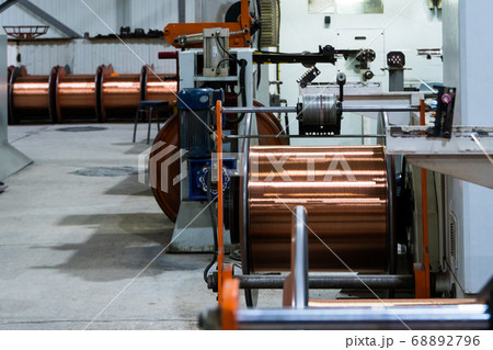 Production of copper wire, bronze cable in reels at factory 68892796