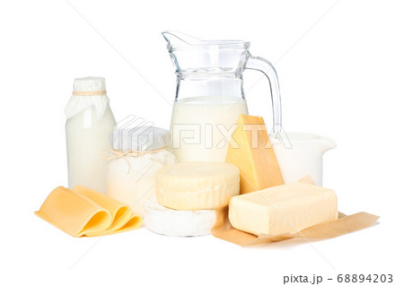 Fresh dairy products isolated on white background. Fresh dairy products isolated on white background. 68894203